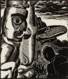 Totem Poles, no. 3 by Edwin Holgate, wood engraving, sold Dec 2023