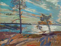 Sun and Wind, Georgian Bay, 1916 or 1920 by Frederick Varley, oil on panel, mounted to plywood, sold Dec 2023