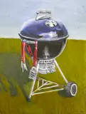 BBQ'Painting by David Teichner, Acrylic on plywood. Measures 6.75x5''. Wire on verso, sold Jun 2022