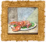 Miniature 'Lobster Painting by Brandon Vosika, Watercolor & gouache on paper in dollhouse frame. Measures 3x2.75'', sold Jun 2022