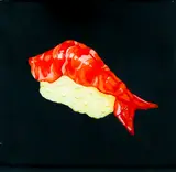 Ebi (sushi) Painting by Genevieve St Charles, acrylic on board. Measures 8x8''. Wire on verso, sold Jun 2022