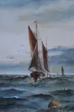 A yacht sailing towards a buoy & a waterlogged field by B.M Stewart, watercolour, offered Nov 2023