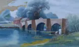 A stone arched bridge with fisherman below by T.W Harker, 1911, gouache, offered Nov 2023