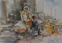 A young boy and girl sitting beside a harbour wall by Gordon King, watercolour, offered Nov 2023