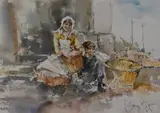 A young boy and girl sitting beside a harbour wall by Gordon King, watercolour, offered Nov 2023