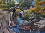 A landscape painting with unusual composition by Anna Proctor, mixed media, sold Nov 2023