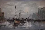 A maritime landscape depicting moored boats within a by Don Smith, oil on canvas, offered Nov 2023