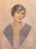 A half portrait of a lady by Joan Russell, 1928, watercolour, sold Nov 2023