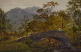 A woman contemplating on a stone arched bridge by Ward Heys, 1875, watercolour, sold Nov 2023