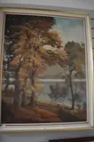 Autumnal woodland and river by David Walsey, oil on canvas, offered Oct 2023