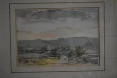 Monyash (derbyshire), the scene depicting figures walking along a rural country road leading past houses with rolling, green hills to the distance by George Butler, watercolour, offered Oct 2023