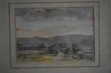 Monyash (derbyshire), the scene depicting figures walking along a rural country road leading past houses with rolling, green hills to the distance by George Butler, watercolour, offered Oct 2023