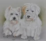 A portrait of two West Highland White Terriers named ' by J.V. Greenhowe, pastel, offered Oct 2023