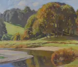 A meandering river with green fields and by William Hartley Waddington, oil on canvas, sold Oct 2023