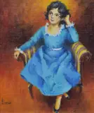 Girl In Blue Velvet Dress by Irene Shaw, oil on board, sold Oct 2023