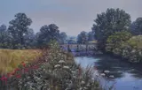 Rural landscape with poppies aside a river by Deborah Poynton, oil on canvas, sold Oct 2023