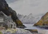 A rugged lake landscape with cottage to the by Edward Grieg Hall, watercolour, sold Oct 2023