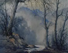 A moody woodland landscape with hills beyond by Robert Leslie Howey, watercolour, sold Oct 2023