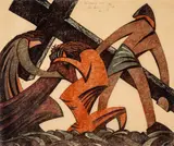 Jesus Meets His Mother by Sybil Andrews, Linocut printed in spectrum red, viridian and Chinese blue, offered Dec 2024