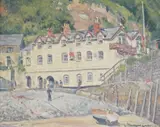 Coastal scene with beached fishing boat by Margaret Loder, oil on canvas, sold Mar 2025