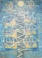 Moonlit harbour by William Black, oil on canvas board, sold Mar 2025