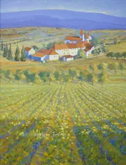 Mediterranean landscape with vineyard by Hazel Barker, 1995, oil on canvas, sold Mar 2025
