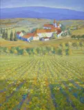 Mediterranean landscape with vineyard by Hazel Barker, 1995, oil on canvas, sold Mar 2025