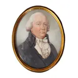 Miniature portrait of a gentleman wearing a powdered wig by Thomas Hazlehurst, watercolour, sold Mar 2025