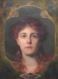 Secessionist portrait of a lady with moth and peacock by Josef Jungwirth, oil on canvas, sold Mar 2025