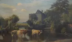 Cattle watering before a water milloil on canvassigned by William Sidney Cooper, 1898, oil on canvas, sold Mar 2025