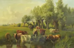 Cattle watering by William Sidney Cooper, 1905, oil on canvas, sold Mar 2025