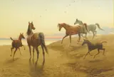 Arabian horses and foals in a coastal by John Alexander Harrington Bird, watercolour, sold Mar 2025