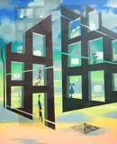 Evening In The City, 1973 by Victor Reinganum, oil on board, sold Mar 2025