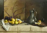 Still life with pewter flagon and pearsoil on panelsigned and dated by Paul S Brown, oil on panel, sold Mar 2025