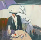 Café by the beach by Ross Foster, oil on board, offered Mar 2025