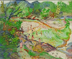 Sunbathers by Fred Yates, oil on canvas, sold Mar 2025