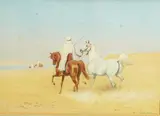 Arab warrior leading a white Arabian horse by John Alexander Harrington Bird, watercolour, sold Mar 2025