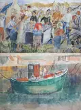 Fishing boat in harbour and Fish marketink and watercolourone by Elspeth Buchanan, 1960, ink and watercolour, sold Mar 2025