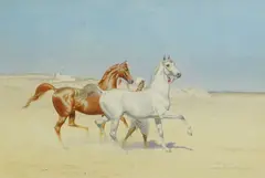 Groom leading two Arabian horses by John Alexander Harrington Bird, watercolour and pencil, sold Mar 2025