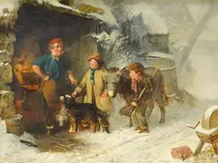 Winter street scene with children before a smithy by Edward Charles Barnes, oil on canvas, sold Mar 2025