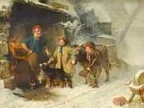Winter street scene with children before a smithy by Edward Charles Barnes, oil on canvas, sold Mar 2025