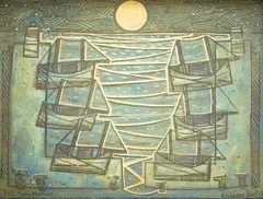 Full Moon Harbour by William Black, oil on board, sold Mar 2025