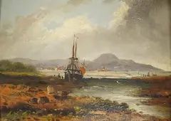 Estuary scene with ship by William Perry, oil, sold Mar 2025