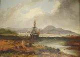 Estuary scene with ship by William Perry, oil, sold Mar 2025