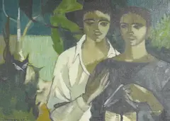Bird watchers by Ursula Vivian McCannell, oil on canvas, sold Mar 2025