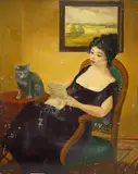 Study of a seated woman and cat by Jacques Malvestio, oil on board, sold Mar 2025