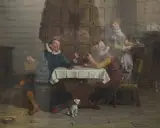Interior scene with figures wearing Tudor dress by Alfred Holst Tourrier, oil on canvas, sold Mar 2025