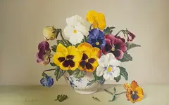 Pansies in a Worcester bowl by James Noble, oil on board, sold Mar 2025