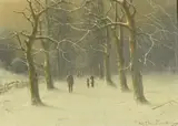 Figures on a lane in winter by Niels H. Christiansen, oil on board, sold Mar 2025