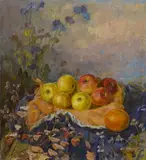 Still life of apples by Mikhail Alexandrovich Shaposhnikov, oil on canvas, sold Mar 2025